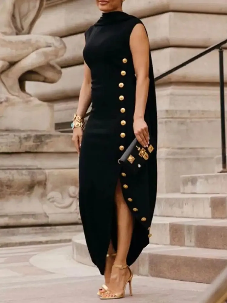 Getadme Freeacy Women Sleeveless Dress 2024 Summer New Buttoned High Neck Slim Fit Split-side Evening Dresses Solid Color Maxi Dress
