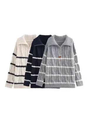 'Grace' Casual Striped Half-Zip Cropped Turtleneck Sweater