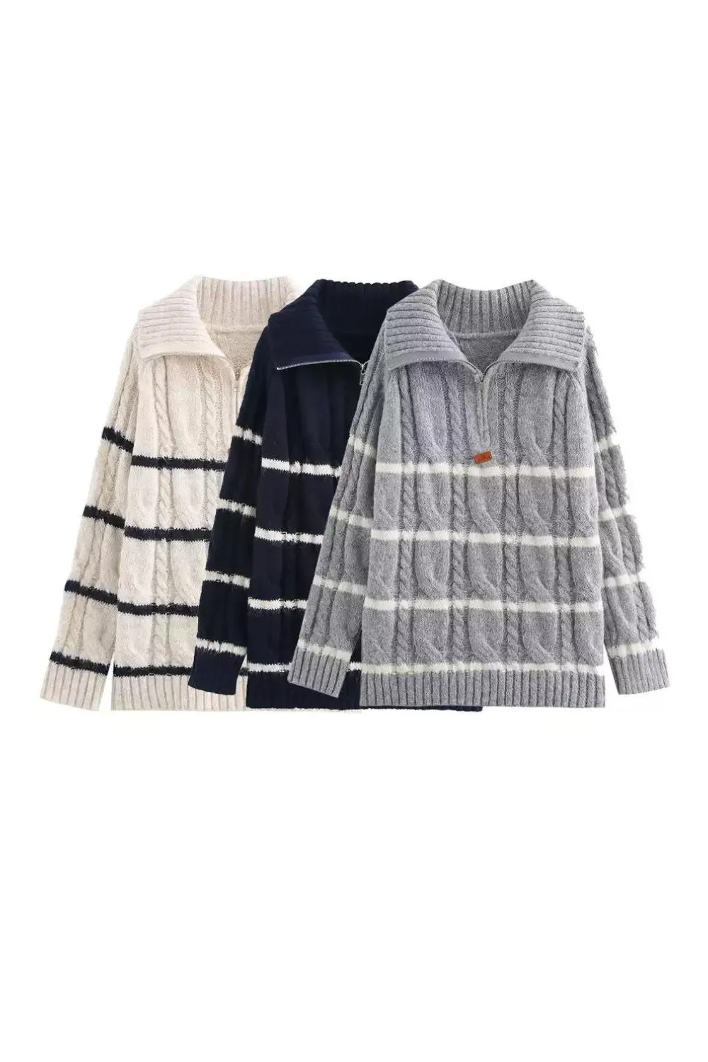 'Grace' Casual Striped Half-Zip Cropped Turtleneck Sweater