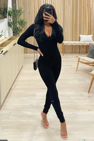 Jada Ribbed Mockneck Long Sleeve Jumpsuit (Black)