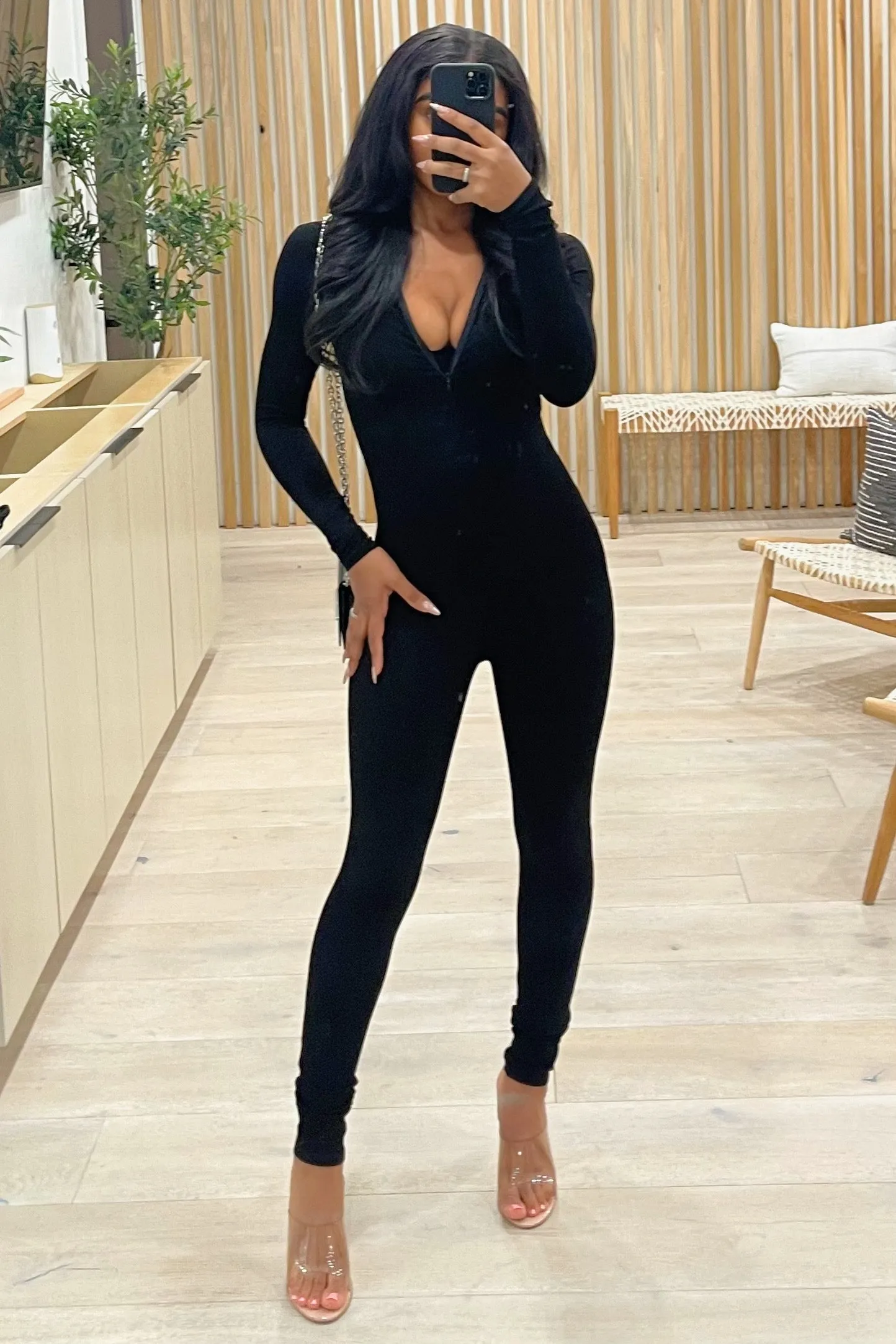 Jada Ribbed Mockneck Long Sleeve Jumpsuit (Black)