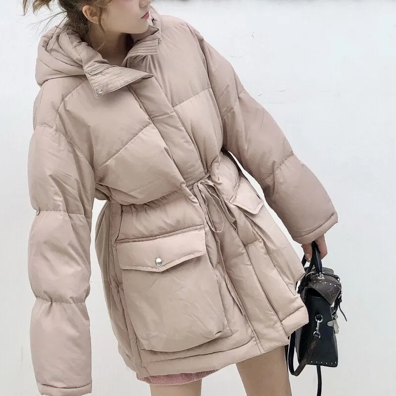 Joskaa Christmas Gift Kuzuwata 2024 Autumn Winter Down Coats Warmth Thick Parkas Drawstring Waist Hooded White Duck Down Mid length Cotton Jacket