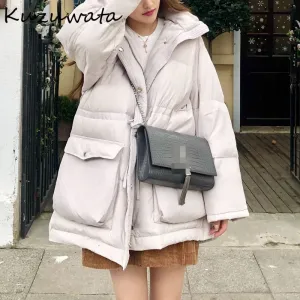 Joskaa Christmas Gift Kuzuwata 2024 Autumn Winter Down Coats Warmth Thick Parkas Drawstring Waist Hooded White Duck Down Mid length Cotton Jacket