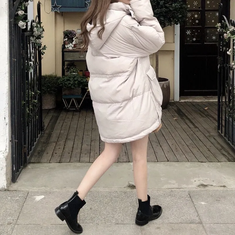 Joskaa Christmas Gift Kuzuwata 2024 Autumn Winter Down Coats Warmth Thick Parkas Drawstring Waist Hooded White Duck Down Mid length Cotton Jacket