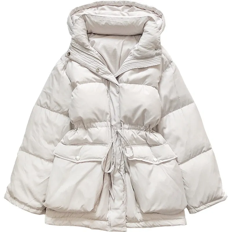 Joskaa Christmas Gift Kuzuwata 2024 Autumn Winter Down Coats Warmth Thick Parkas Drawstring Waist Hooded White Duck Down Mid length Cotton Jacket