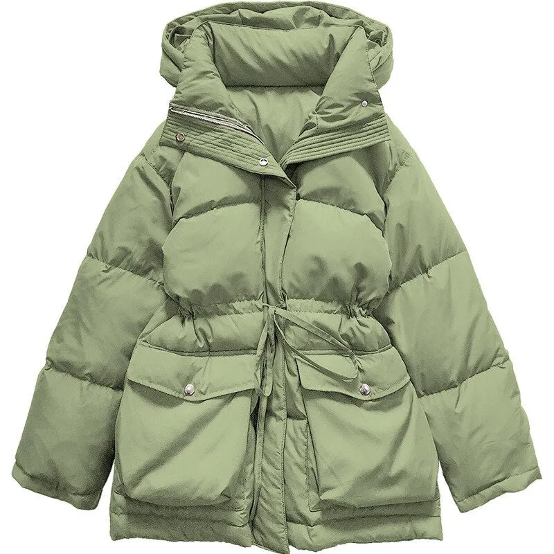 Joskaa Christmas Gift Kuzuwata 2024 Autumn Winter Down Coats Warmth Thick Parkas Drawstring Waist Hooded White Duck Down Mid length Cotton Jacket