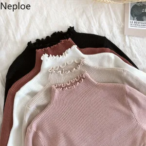 Joskaa Christmas Gift Neploe 2024 Fall Winter Ruffles Sweater Turtleneck Ruched Women Sweaters High Elastic Solid Female Slim Sexy Knitted Pullovers