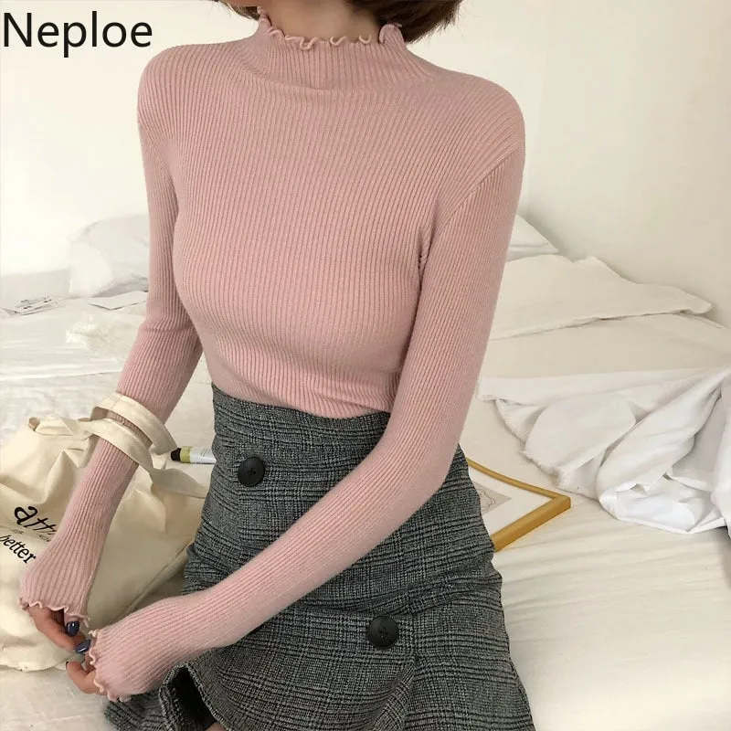 Joskaa Christmas Gift Neploe 2024 Fall Winter Ruffles Sweater Turtleneck Ruched Women Sweaters High Elastic Solid Female Slim Sexy Knitted Pullovers