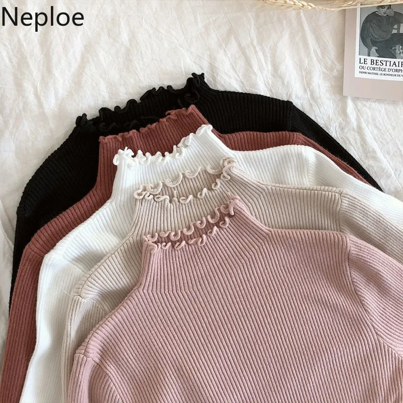 Joskaa Christmas Gift Neploe 2024 Fall Winter Ruffles Sweater Turtleneck Ruched Women Sweaters High Elastic Solid Female Slim Sexy Knitted Pullovers
