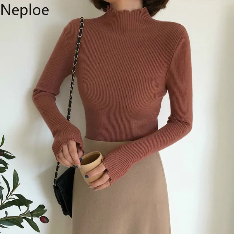 Joskaa Christmas Gift Neploe 2024 Fall Winter Ruffles Sweater Turtleneck Ruched Women Sweaters High Elastic Solid Female Slim Sexy Knitted Pullovers
