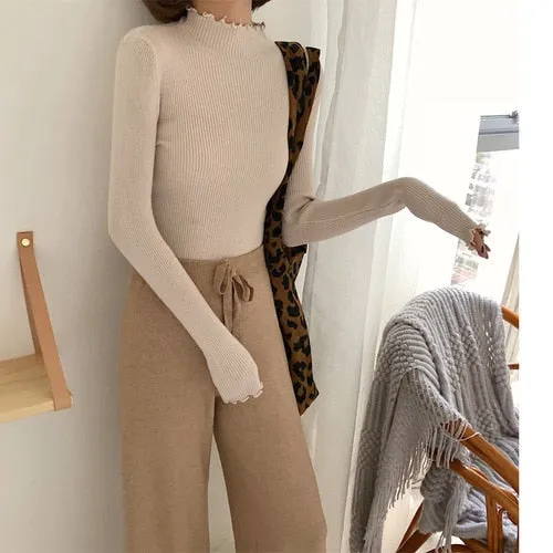 Joskaa Christmas Gift Neploe 2024 Fall Winter Ruffles Sweater Turtleneck Ruched Women Sweaters High Elastic Solid Female Slim Sexy Knitted Pullovers