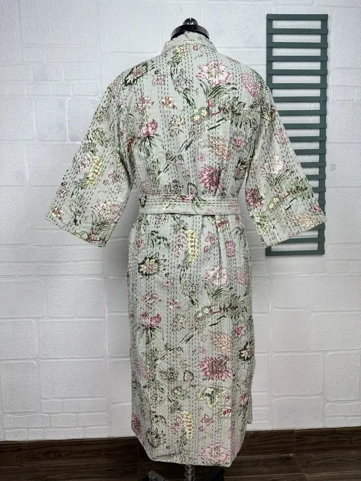 Kantha Pure Cotton Reversible Short Kimono Women Jacket Floral Print Grey Pink