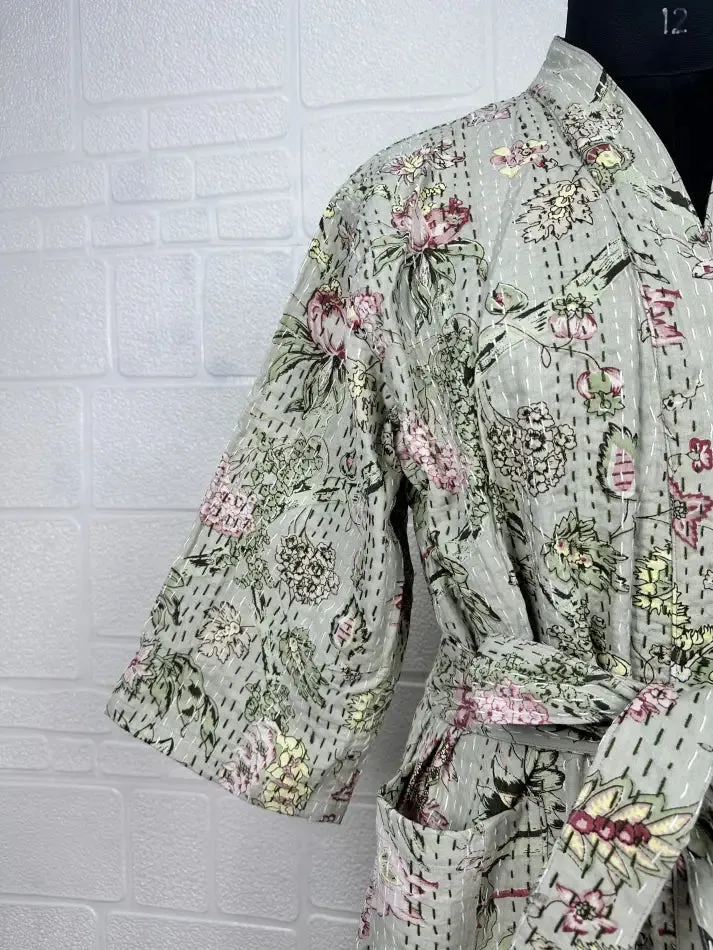 Kantha Pure Cotton Reversible Short Kimono Women Jacket Floral Print Grey Pink