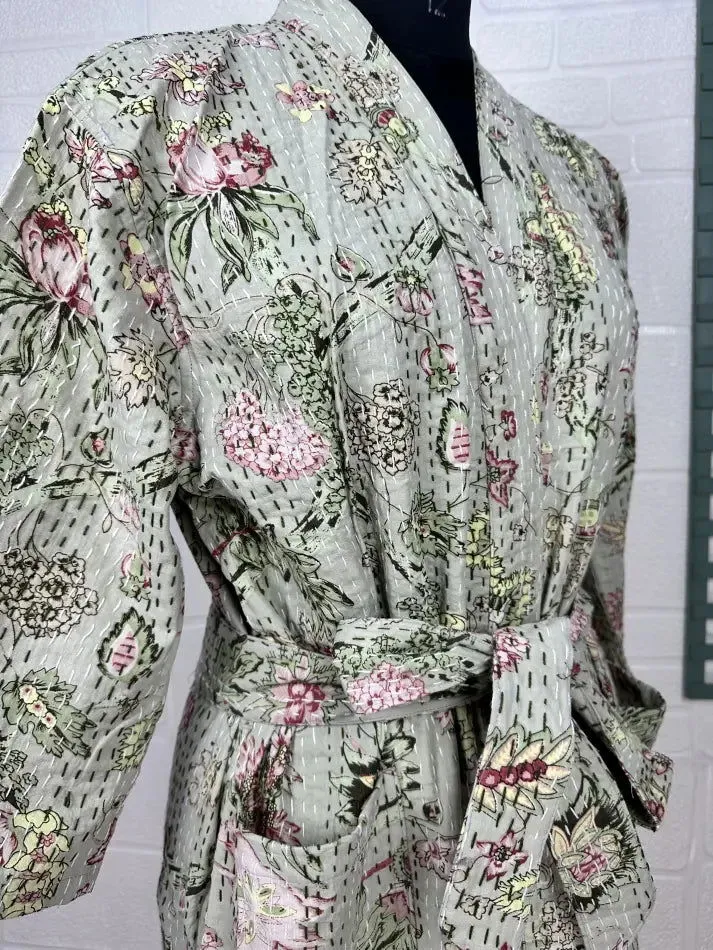 Kantha Pure Cotton Reversible Short Kimono Women Jacket Floral Print Grey Pink