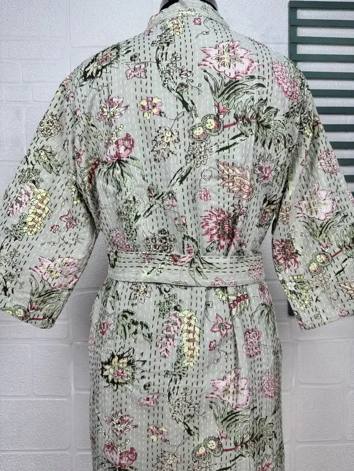 Kantha Pure Cotton Reversible Short Kimono Women Jacket Floral Print Grey Pink