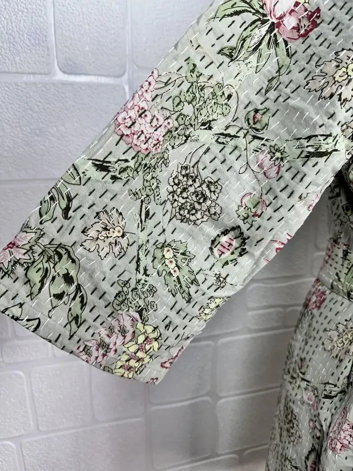Kantha Pure Cotton Reversible Short Kimono Women Jacket Floral Print Grey Pink