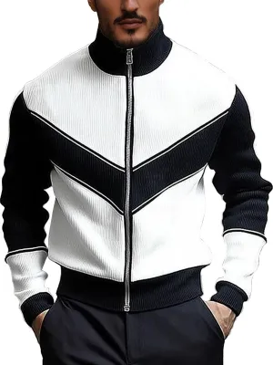 Knitted Colorblock High Neck Zip Up Cardigan
