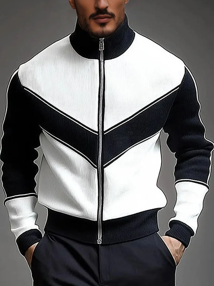Knitted Colorblock High Neck Zip Up Cardigan
