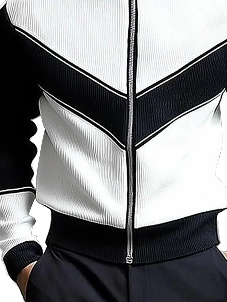 Knitted Colorblock High Neck Zip Up Cardigan