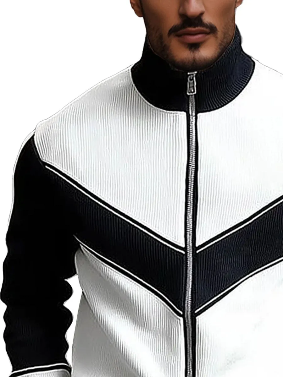 Knitted Colorblock High Neck Zip Up Cardigan