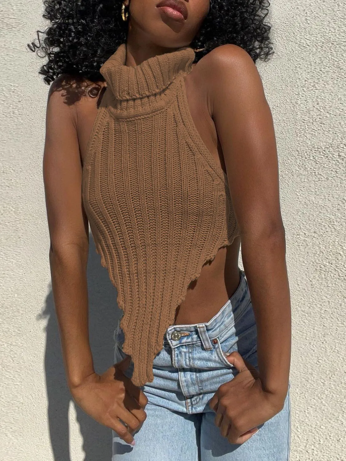 Knitted Turtleneck Stylish Backless Crop Top