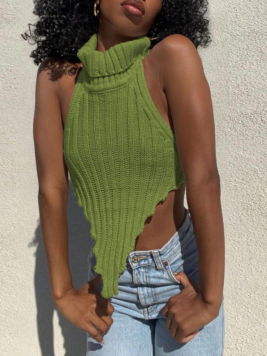 Knitted Turtleneck Stylish Backless Crop Top