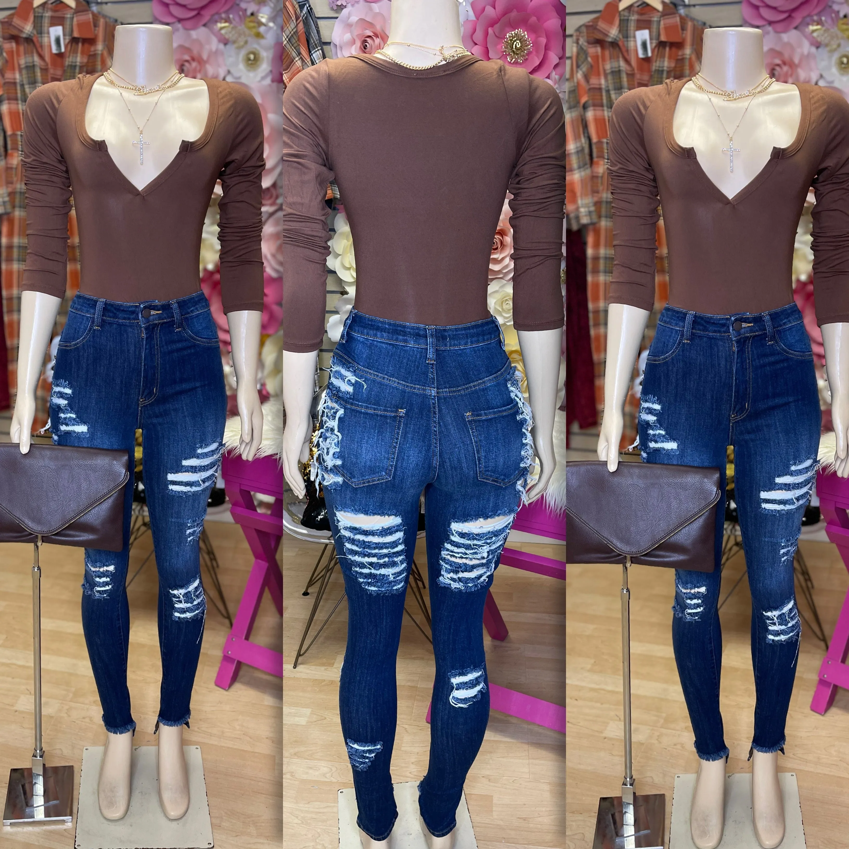 Long  Sleeve Chill and Cute “v” Bodysuit ( Brown)