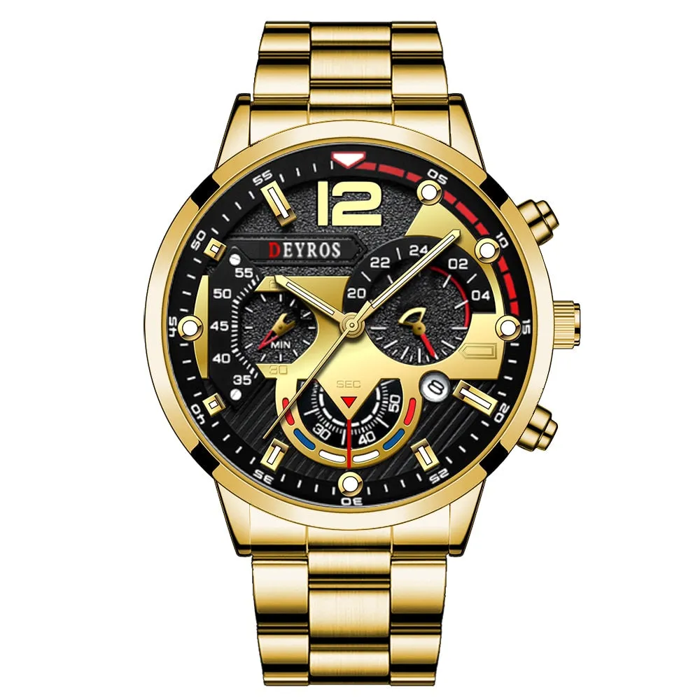 Luxury Mens Watches Fashion Stainless Steel Quartz Wrist Watch Calendar Date Luminous Clock Men Business Casual Leather Watch