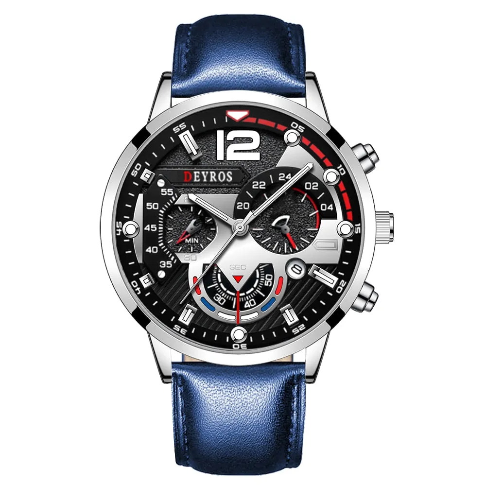 Luxury Mens Watches Fashion Stainless Steel Quartz Wrist Watch Calendar Date Luminous Clock Men Business Casual Leather Watch