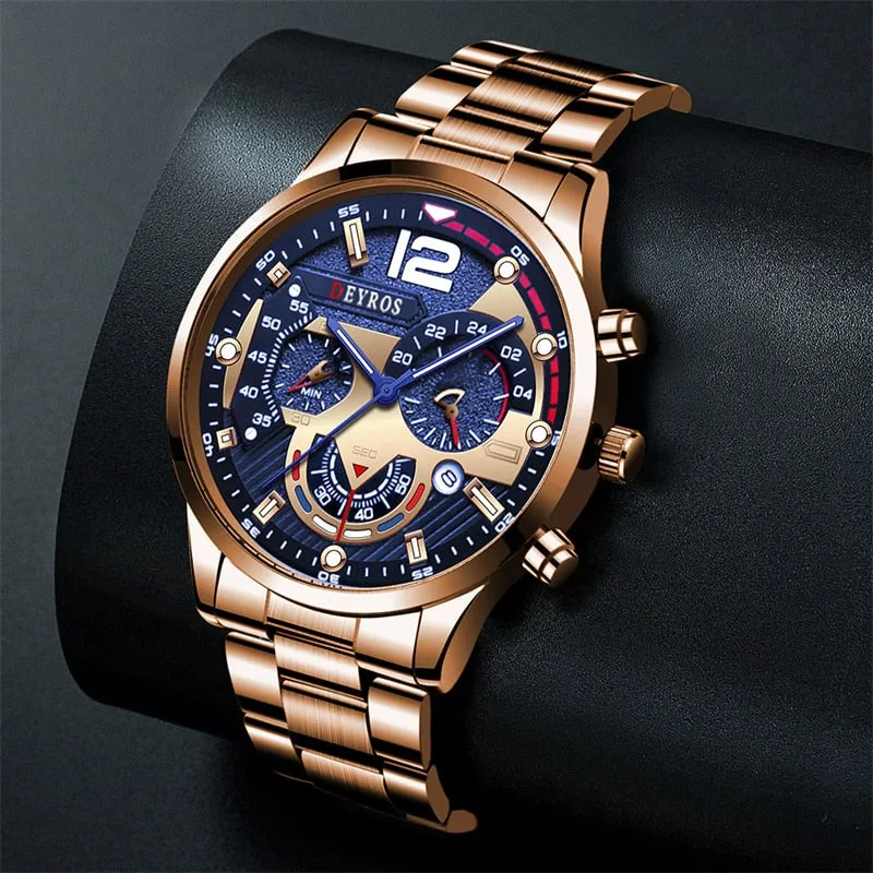 Luxury Mens Watches Fashion Stainless Steel Quartz Wrist Watch Calendar Date Luminous Clock Men Business Casual Leather Watch
