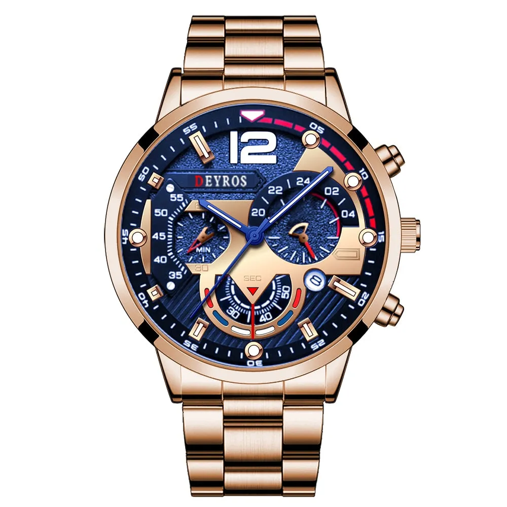 Luxury Mens Watches Fashion Stainless Steel Quartz Wrist Watch Calendar Date Luminous Clock Men Business Casual Leather Watch