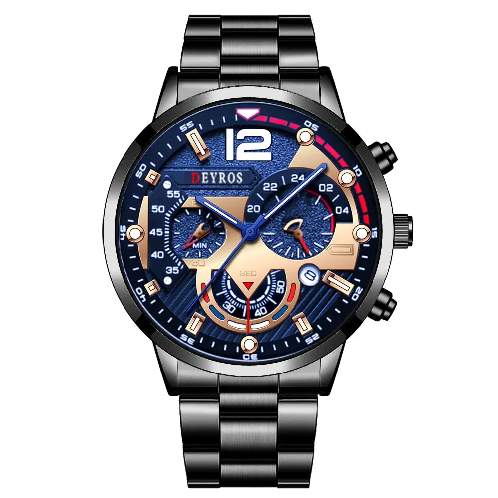 Luxury Mens Watches Fashion Stainless Steel Quartz Wrist Watch Calendar Date Luminous Clock Men Business Casual Leather Watch