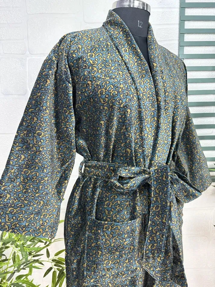 Luxury Velvet House Robe Unisex Kimono Jacket Reversible Silk Lined Autumn Winter Gift Elegant Leopard Blue Malibu Bluish Valentine Love
