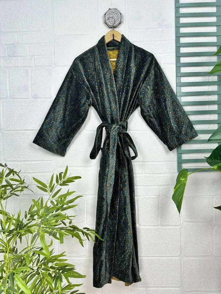 Luxury Velvet House Robe Unisex Kimono Jacket Reversible Silk Lined Autumn Winter Gift Elegant Leopard Blue Malibu Bluish Valentine Love