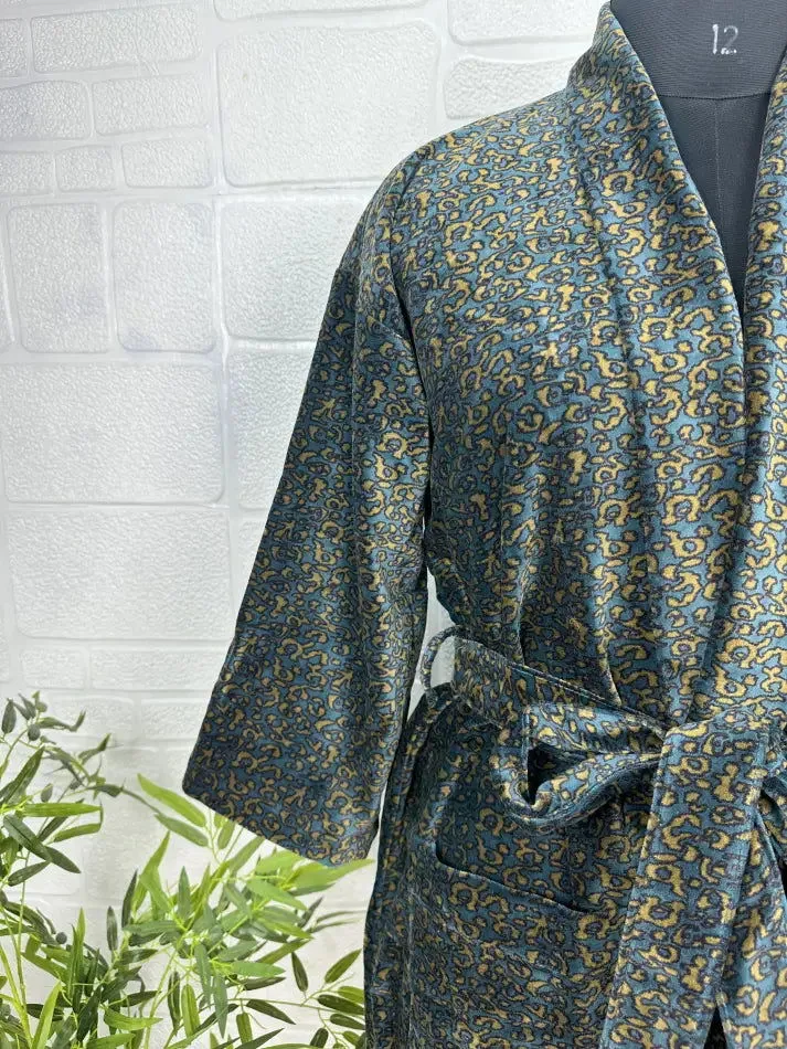 Luxury Velvet House Robe Unisex Kimono Jacket Reversible Silk Lined Autumn Winter Gift Elegant Leopard Blue Malibu Bluish Valentine Love