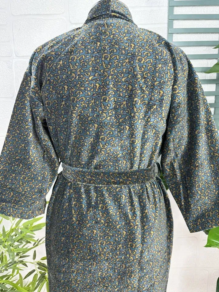 Luxury Velvet House Robe Unisex Kimono Jacket Reversible Silk Lined Autumn Winter Gift Elegant Leopard Blue Malibu Bluish Valentine Love