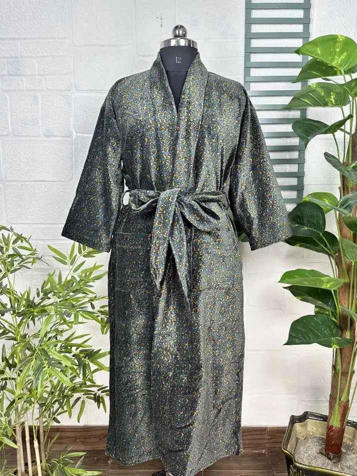 Luxury Velvet House Robe Unisex Kimono Jacket Reversible Silk Lined Autumn Winter Gift Elegant Leopard Blue Malibu Bluish Valentine Love