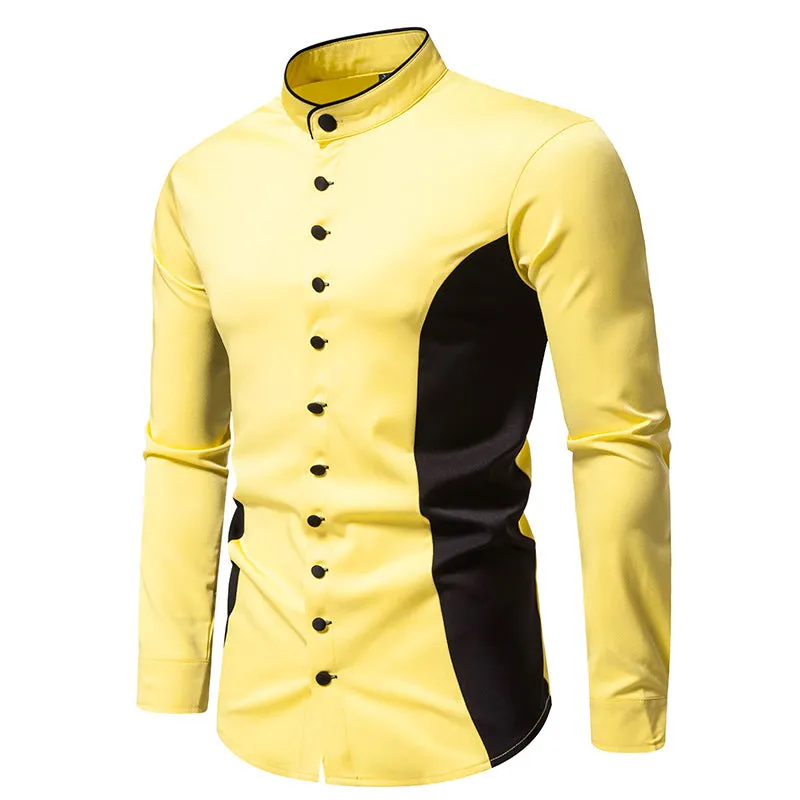 Men Turtleneck Patchwork Bicolor Long Sleeves Shirt