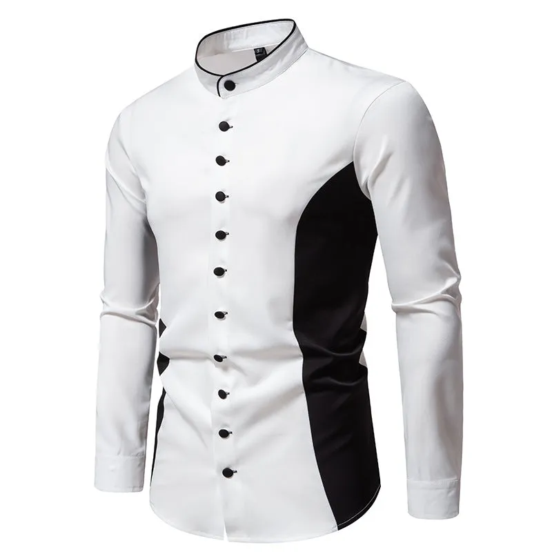 Men Turtleneck Patchwork Bicolor Long Sleeves Shirt