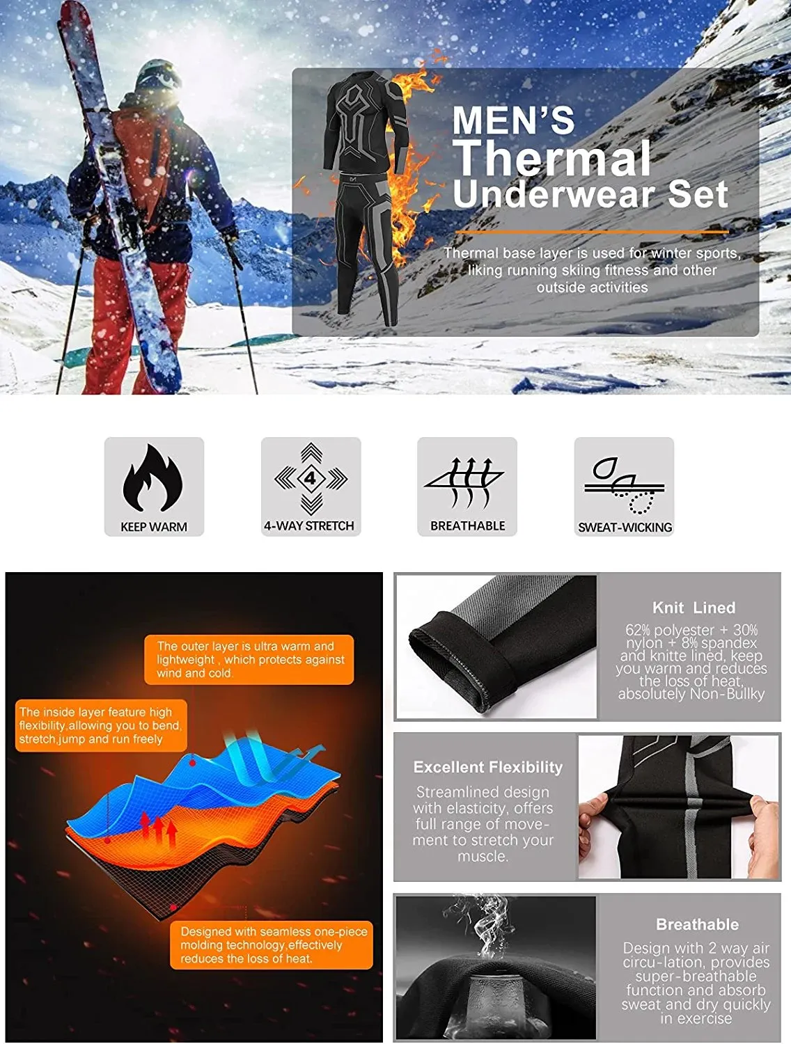 Men's Thermal Underwear Set, Winter Base Layer Sport Long Johns Top & Bottom Suit Compression Cold Weather Gear for Skiing