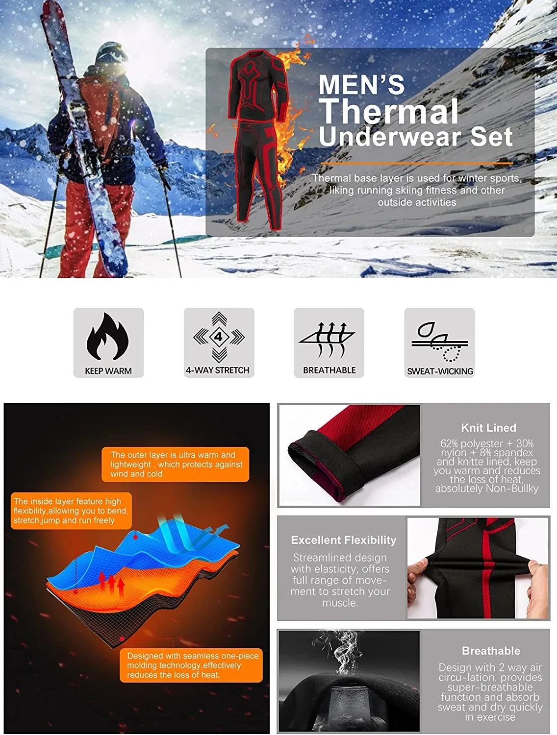 Men's Thermal Underwear Set, Winter Base Layer Sport Long Johns Top & Bottom Suit Compression Cold Weather Gear for Skiing
