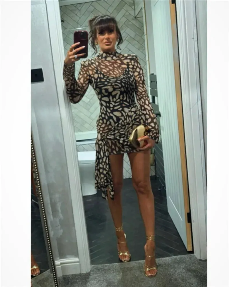 Mesh Leopard Print Turtleneck Mini Dress