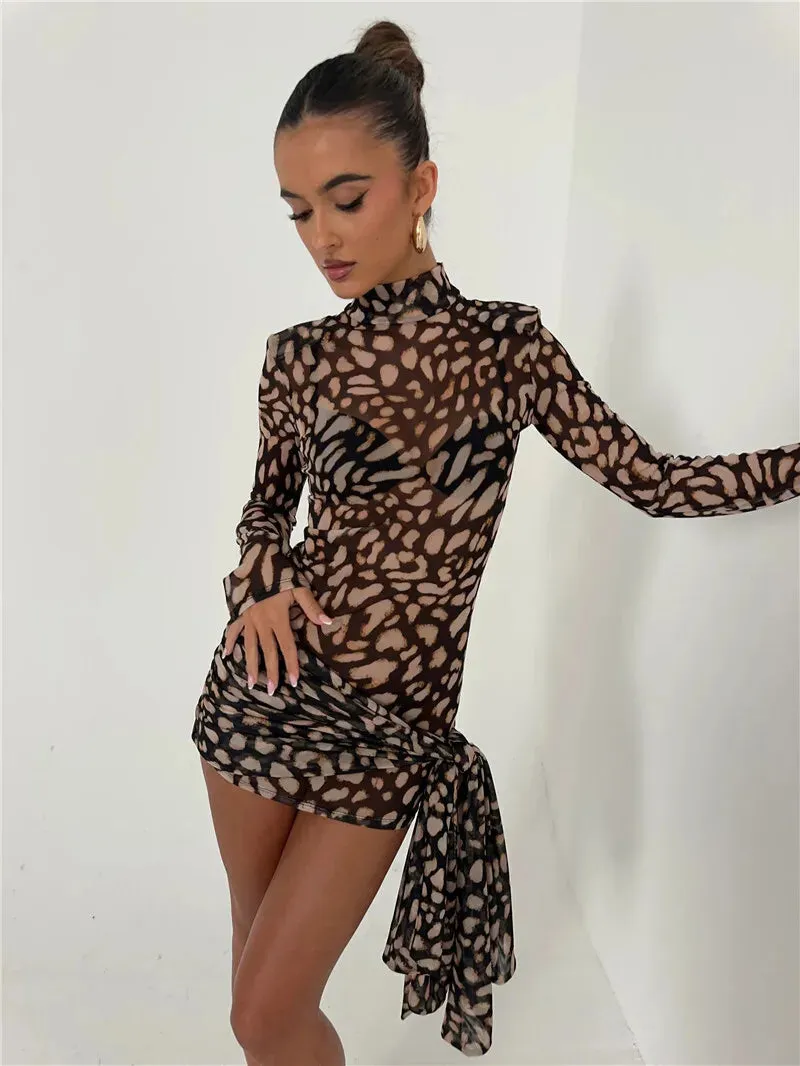 Mesh Leopard Print Turtleneck Mini Dress