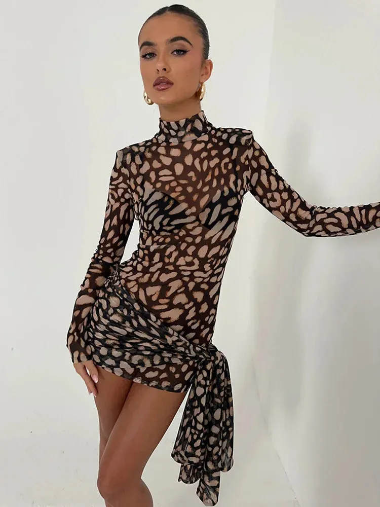 Mesh Leopard Print Turtleneck Mini Dress