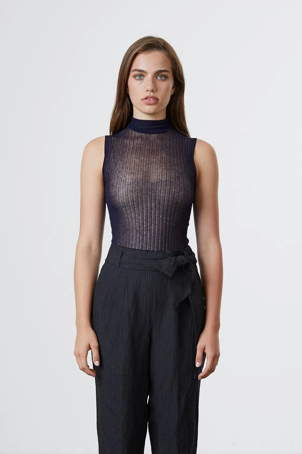 Navy Tulle High Neck Top