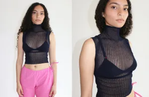 Navy Tulle High Neck Top