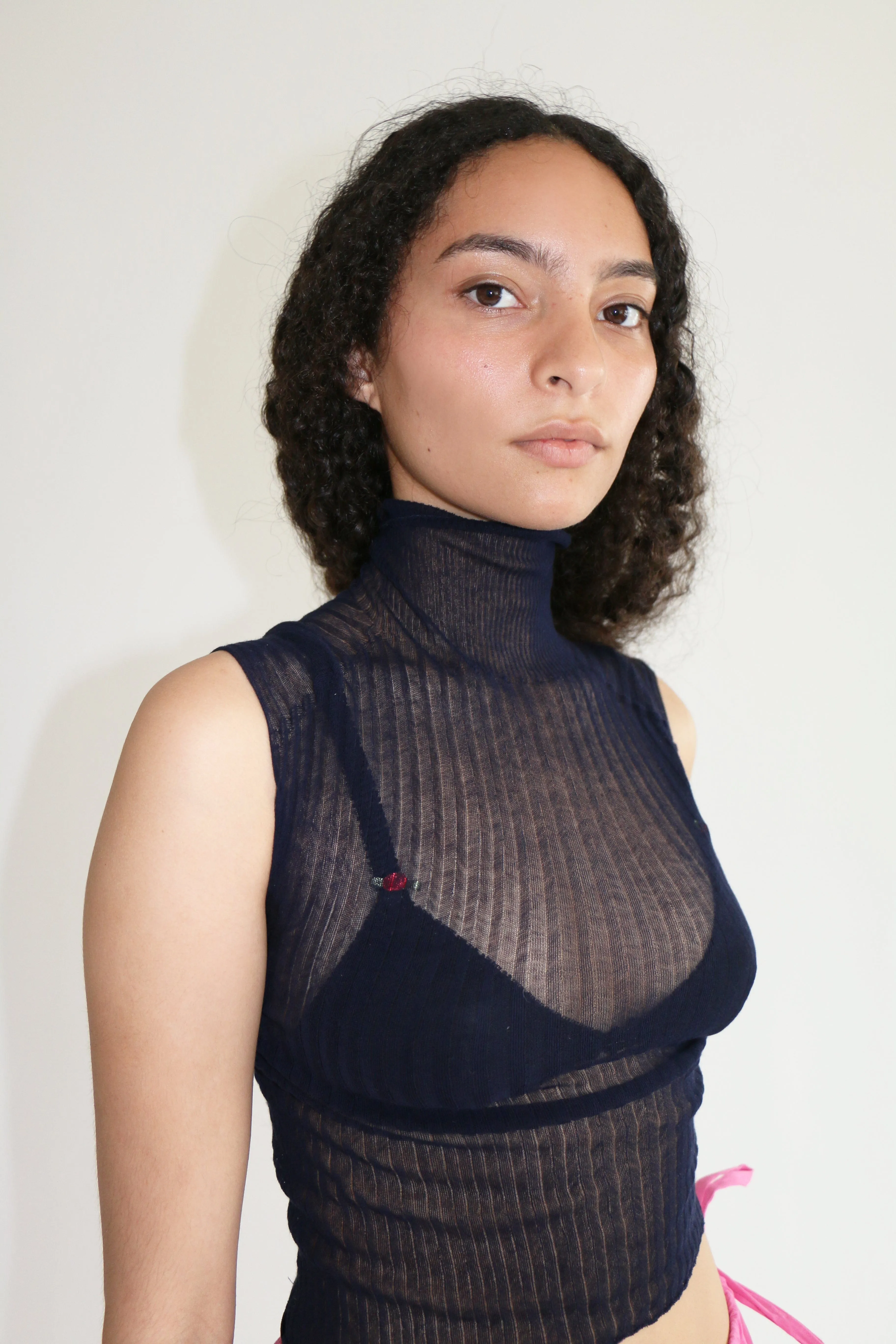 Navy Tulle High Neck Top