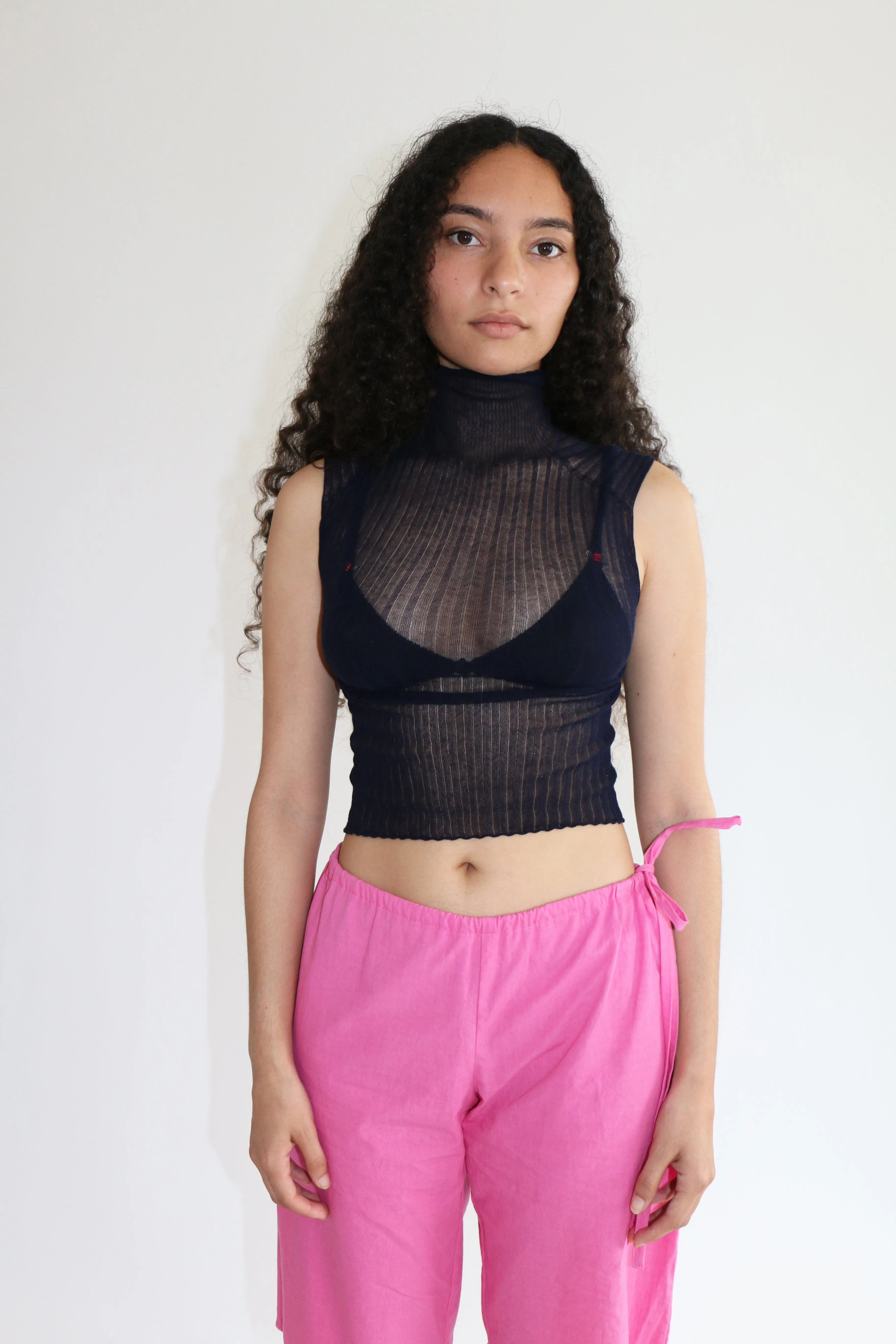 Navy Tulle High Neck Top