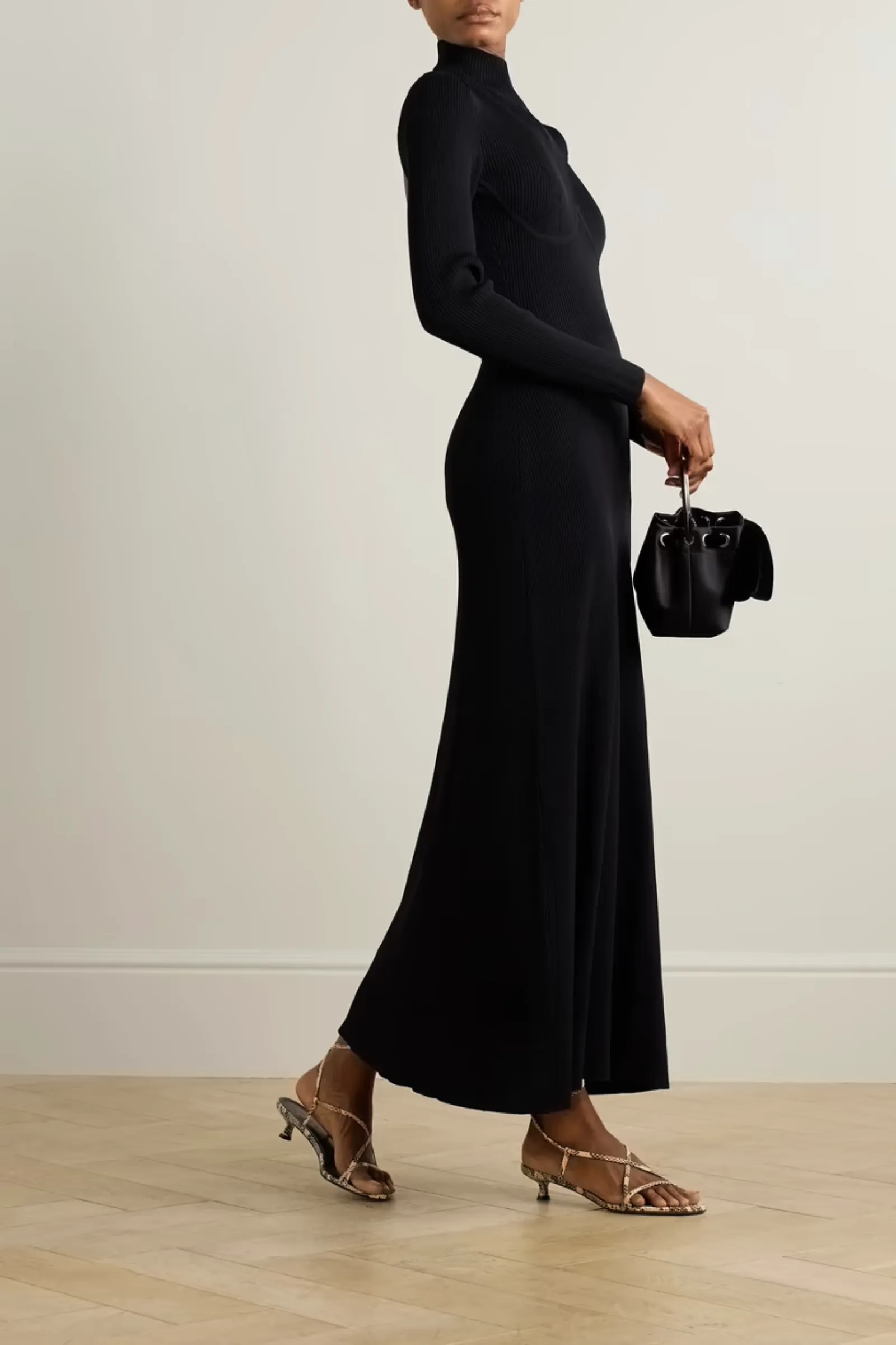 Obsidian Open-back Ribbed-knit Turtleneck Maxi Dress