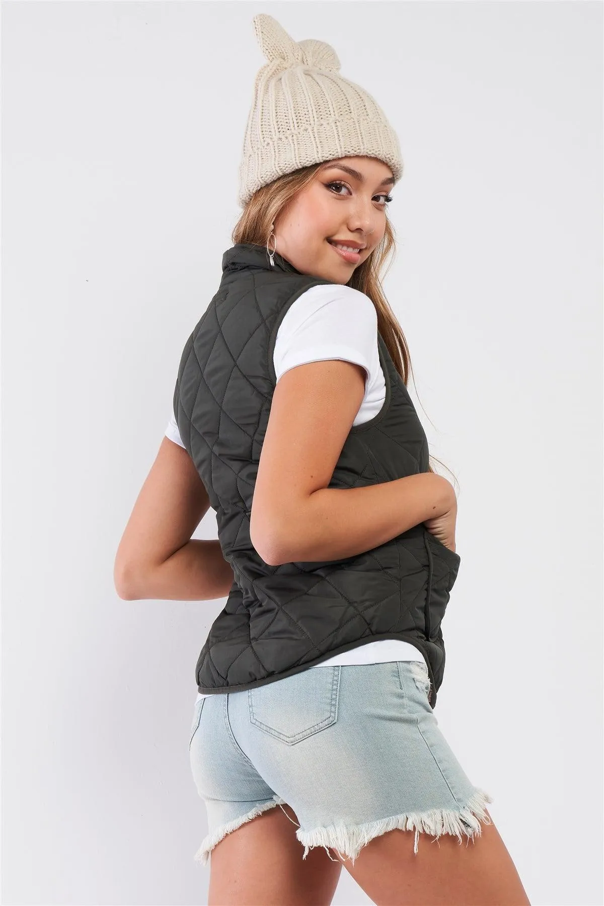 Olive Quilted Puff Two Pockets Zip-Up Turtleneck Vest